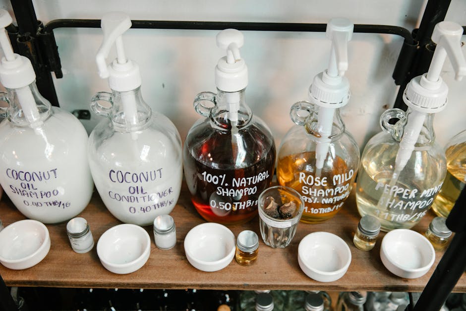 organized bathroom shelf with shampoo bottles