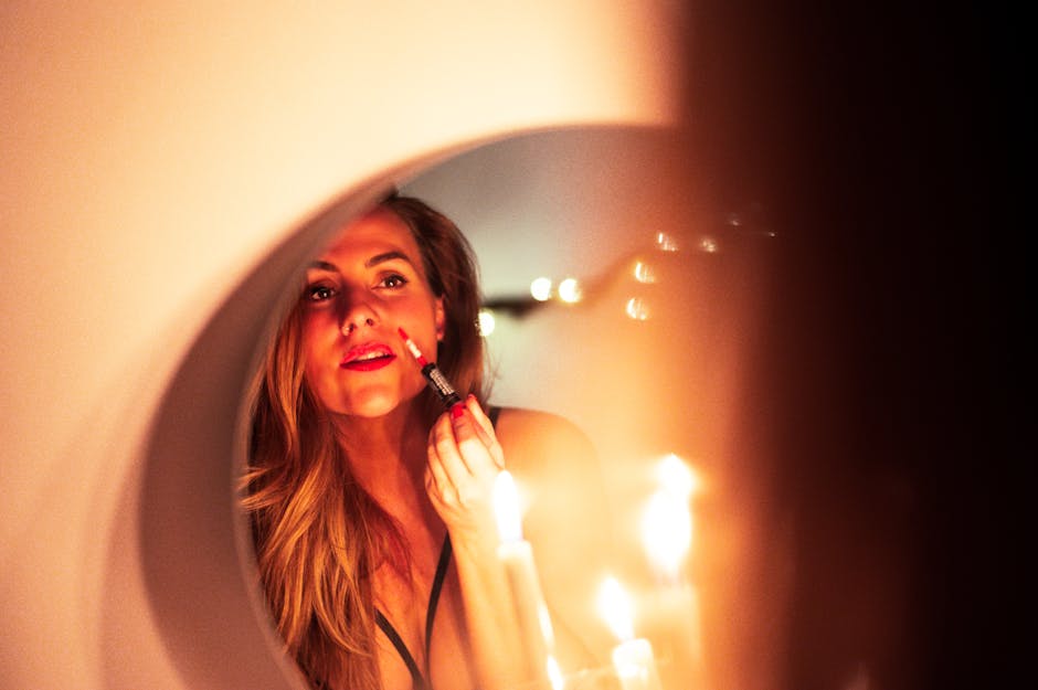 beautiful woman smiling mirror reflection hair