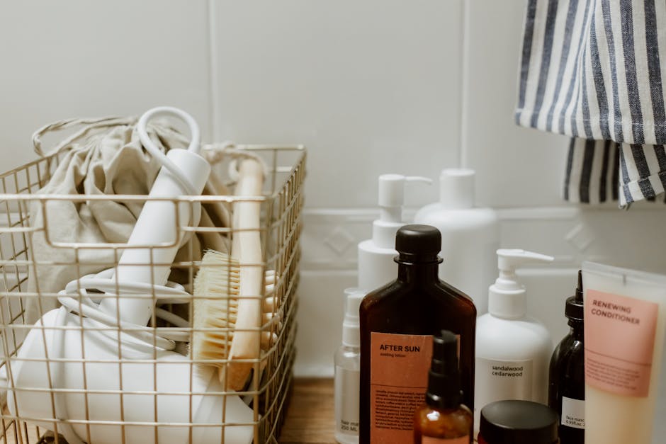 organized bathroom shelf bottles