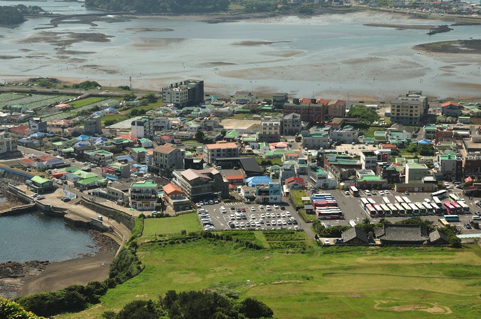 무성한 푸른빛과 해안가를 갖춘 한국의 활기찬 해안 도시의 아름다운 공중 사진입니다.