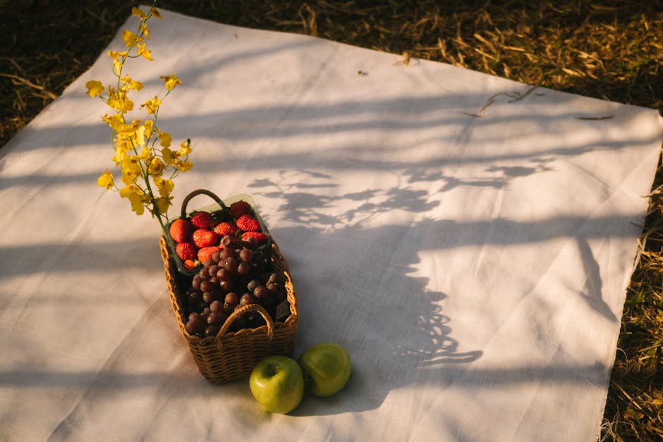 picnic basket and fried chicken in a sunny park