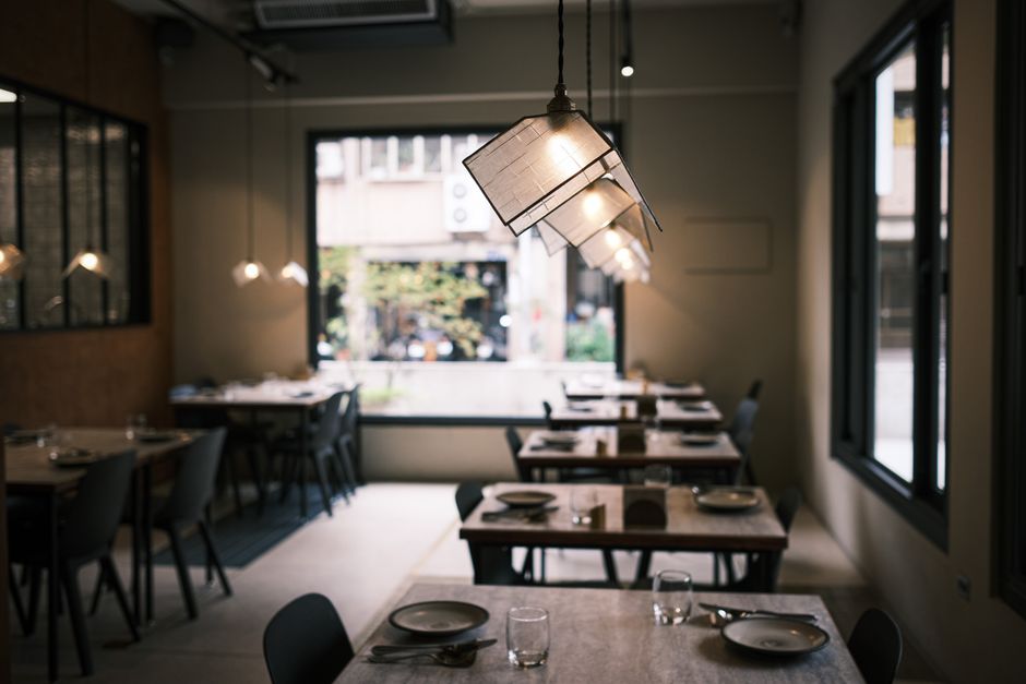 cozy minimalist restaurant interior with warm lighting