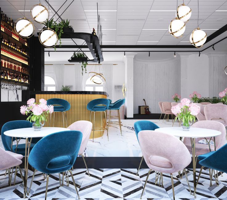 따뜻하고 세련된 분위기의 가게 내부 인테리어 전경